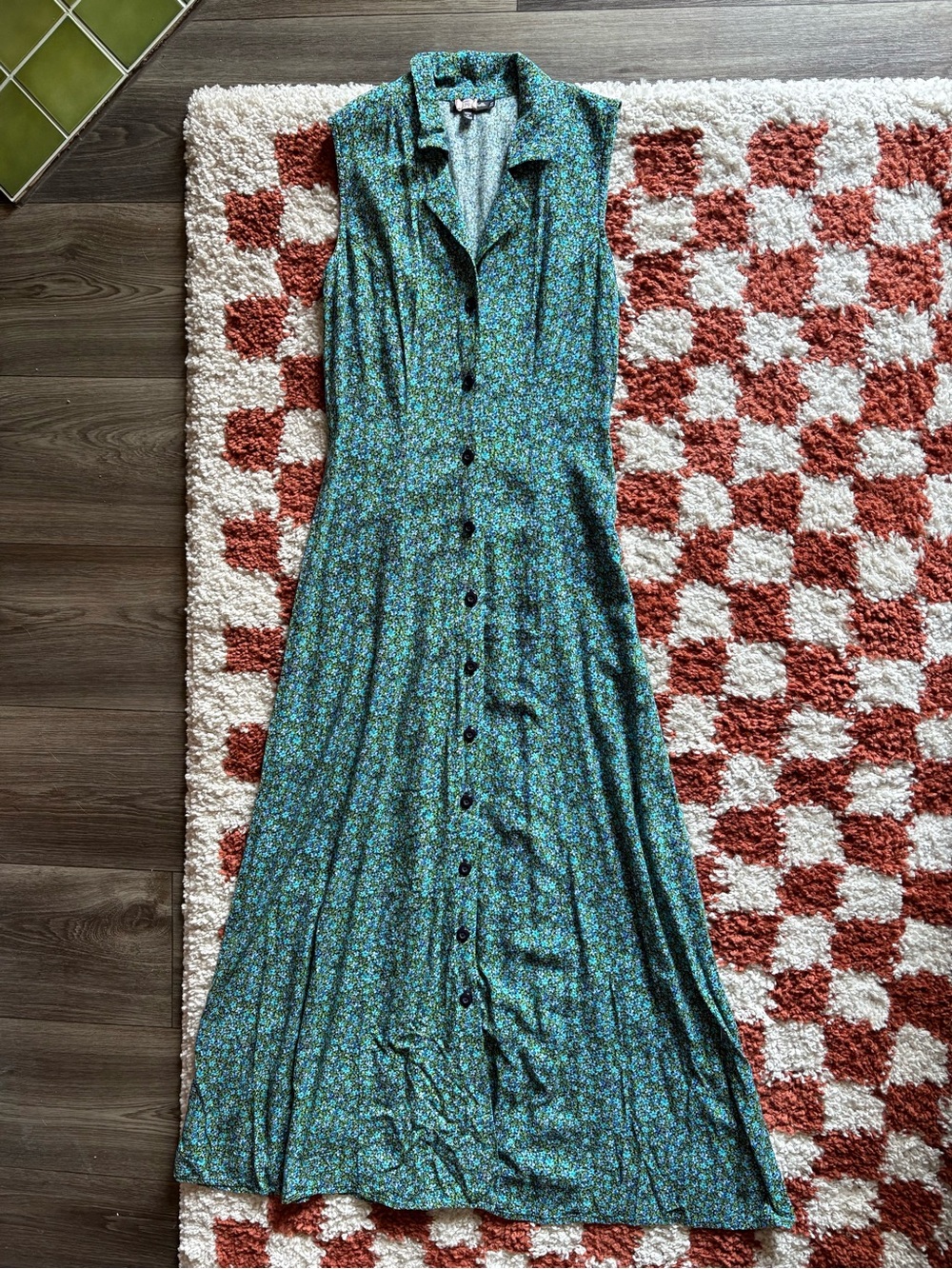 90s Button-Front Blue Green Floral Maxi Dress